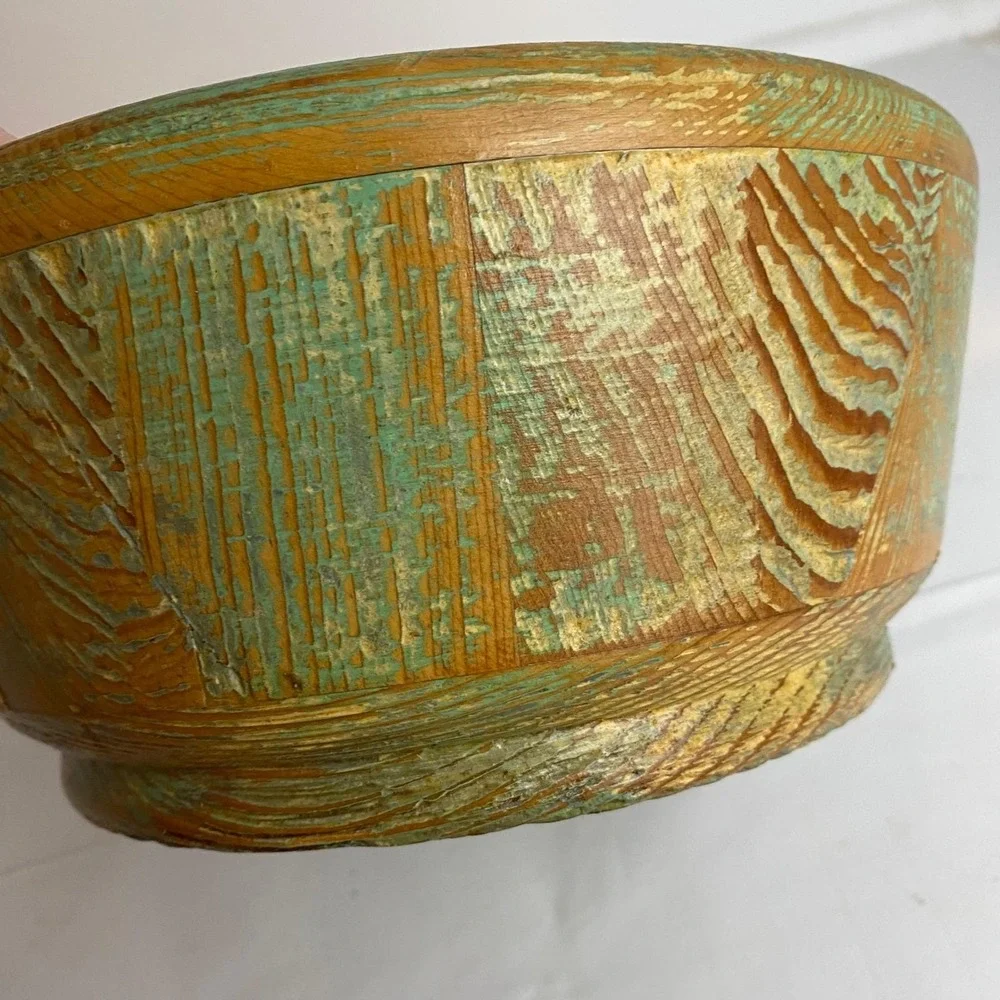 Vintage Handcrafted Rustic‎ Wood Bowl Green Brown Distressed Farmhouse Boho
